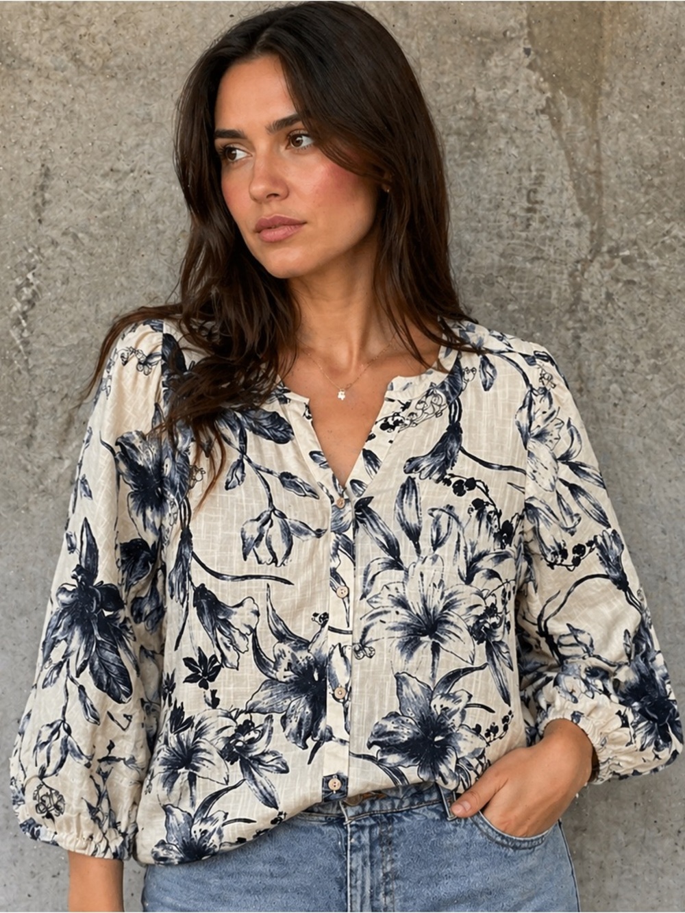 Unique Spectrum Cream Blouse with Navy Floral Print